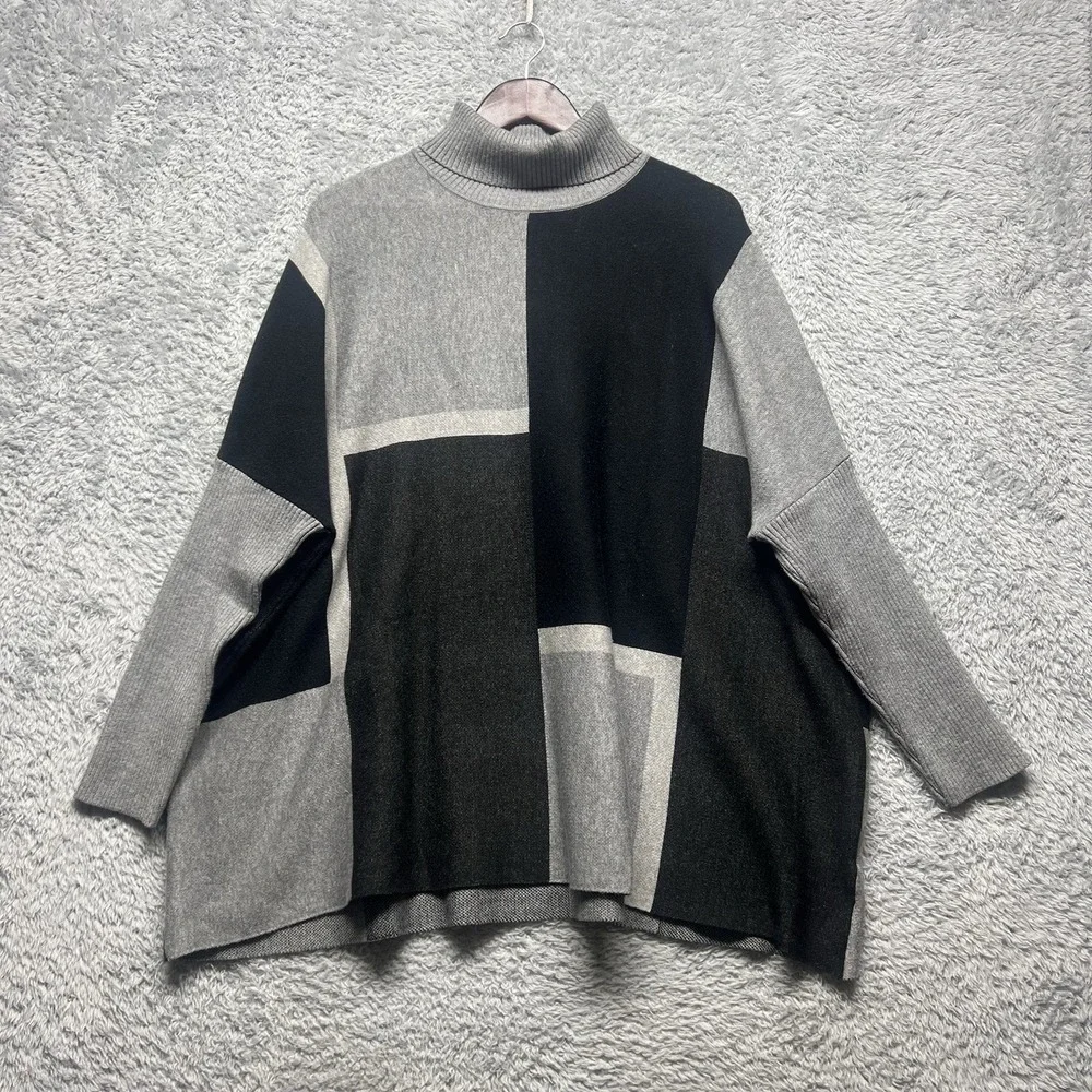 Joseph A. Turtleneck Sweater Poncho Womens XL Black Gray‎ Colorblock Oversized